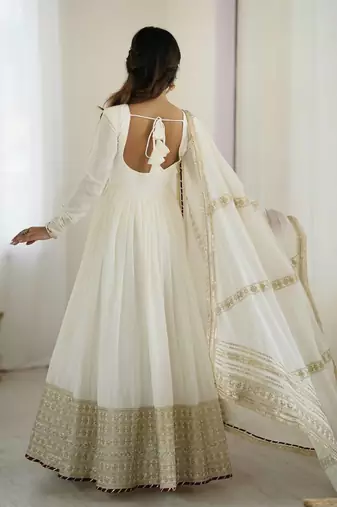 White colour chinnon silk embroidery work long gown