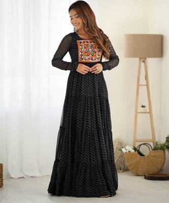 Black faux georgette digital print with embroidery work gown 1