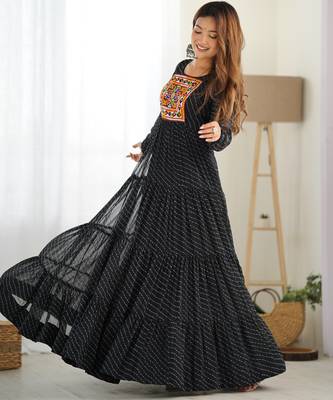 Black faux georgette digital print with embroidery work gown 3