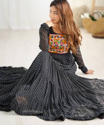 Black faux georgette digital print with embroidery work gown 4