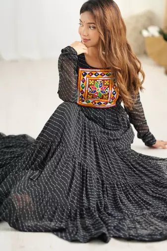 Black faux georgette digital print with embroidery work gown
