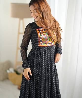 Black faux georgette digital print with embroidery work gown 5