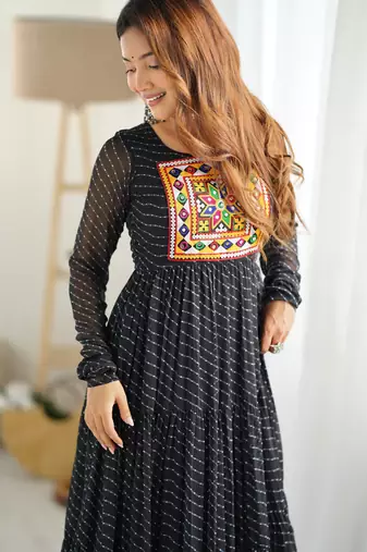 Black faux georgette digital print with embroidery work gown