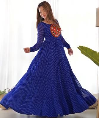 Blue colour faux georgette digital print with embroidery work gown 1