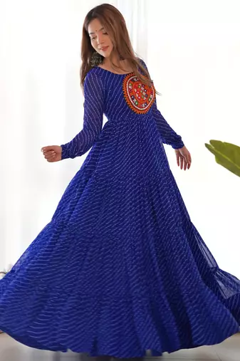 Blue colour faux georgette digital print with embroidery work gown