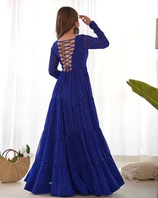 Blue colour faux georgette digital print with embroidery work gown 3