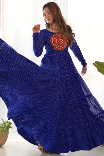 Blue colour faux georgette digital print with embroidery work gown