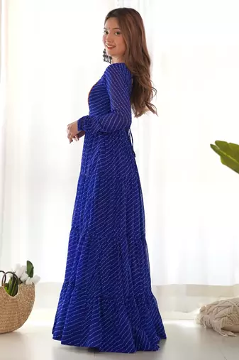 Blue colour faux georgette digital print with embroidery work gown