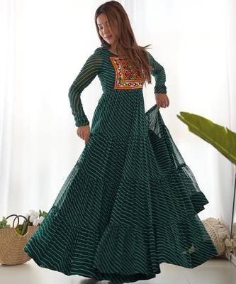 Green colour faux georgette digital print with embroidery work gown 1