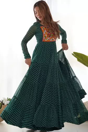 Green colour faux georgette digital print with embroidery work gown