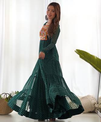 Green colour faux georgette digital print with embroidery work gown 3
