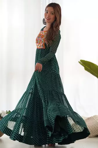 Green colour faux georgette digital print with embroidery work gown