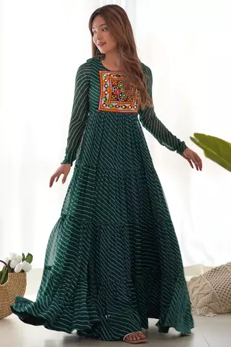 Green colour faux georgette digital print with embroidery work gown