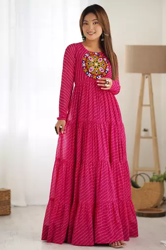 Pink colour faux georgette digital print with embroidery work gown