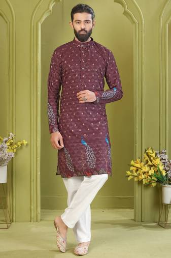 Men's lemon yellow brown rayon embroidered work with  digital print kurta