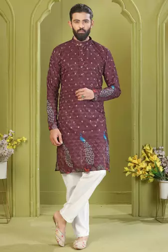 Men's lemon yellow brown rayon embroidered work with  digital print kurta