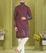 Men's lemon yellow brown rayon embroidered work with  digital print kurta