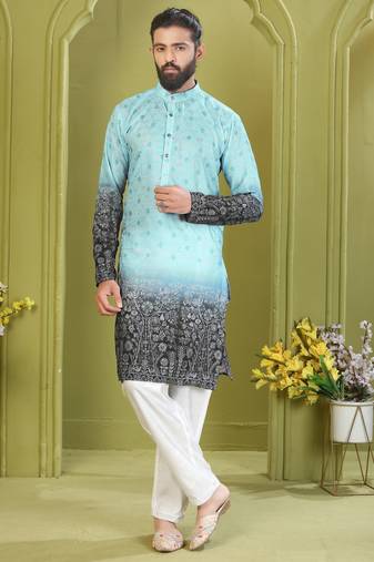 Men's lemon yellow brown rayon embroidered work with  digital print kurta
