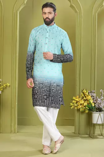 Men's lemon yellow brown rayon embroidered work with  digital print kurta
