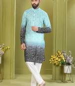 Men's lemon yellow brown rayon embroidered work with  digital print kurta