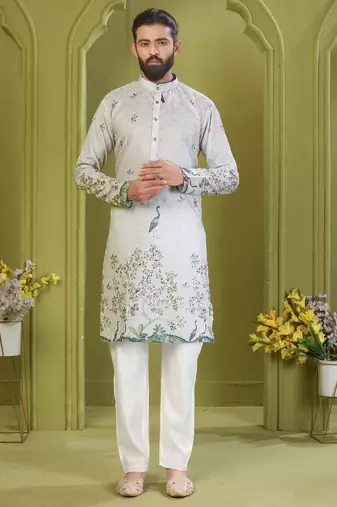 Men's lemon yellow brown rayon embroidered work with  digital print kurta