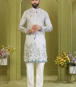 Men's lemon yellow brown rayon embroidered work with  digital print kurta