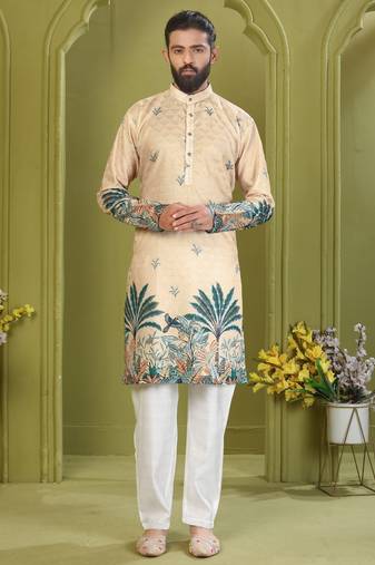 Men's lemon yellow brown rayon embroidered work with  digital print kurta