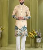 Men's lemon yellow brown rayon embroidered work with  digital print kurta