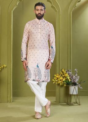 Men's lemon yellow brown rayon embroidered work with  digital print kurta 1