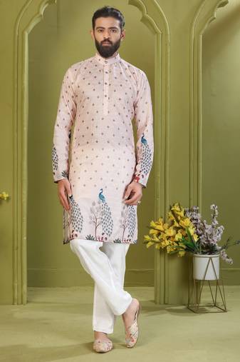 Men's lemon yellow brown rayon embroidered work with  digital print kurta