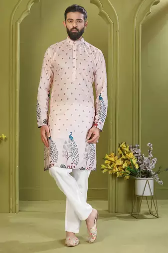Men's lemon yellow brown rayon embroidered work with  digital print kurta