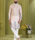Men's lemon yellow brown rayon embroidered work with  digital print kurta