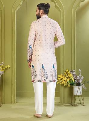 Men's lemon yellow brown rayon embroidered work with  digital print kurta 2