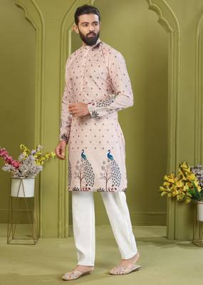 Men's lemon yellow brown rayon embroidered work with  digital print kurta 3