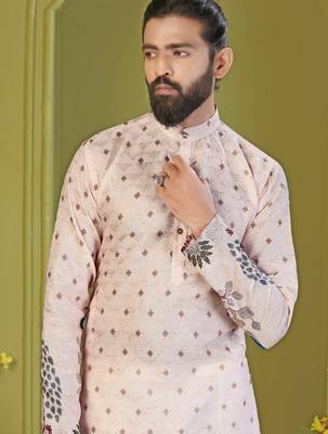 Men's lemon yellow brown rayon embroidered work with  digital print kurta 4