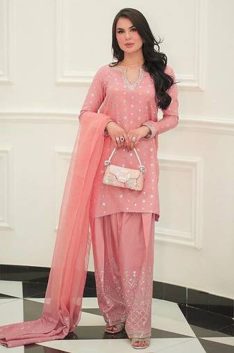 Pink Colour Embroidered SILK Party Wear SALWAR SUIT SET