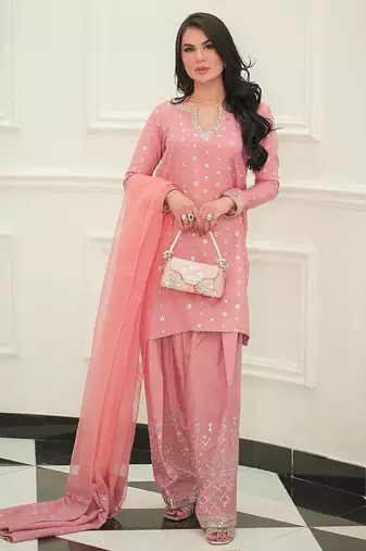 Pink Colour Embroidered SILK Party Wear SALWAR SUIT SET