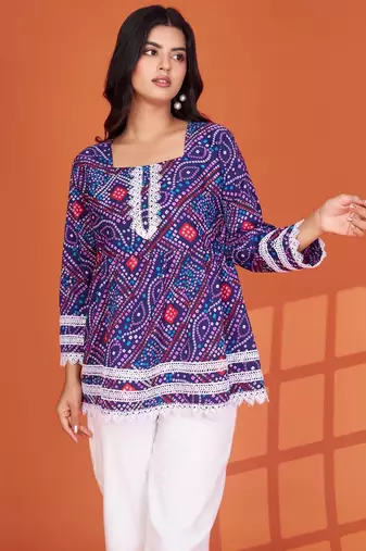 Blue printed delta silk top with lace detailing and square neck