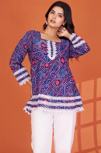 Blue printed delta silk top with lace detailing and square neck