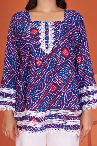 Blue printed delta silk top with lace detailing and square neck