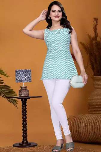 Stylish green printed cotton blend round neck sleeveless top for women
