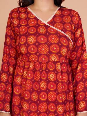 Vibrant red-orange digital printed delta silk v-neck full sleeve top for women 2
