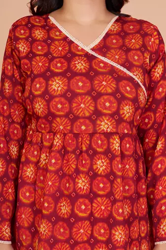 Vibrant red-orange digital printed delta silk v-neck full sleeve top for women