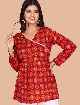 Vibrant red-orange digital printed delta silk v-neck full sleeve top for women 3