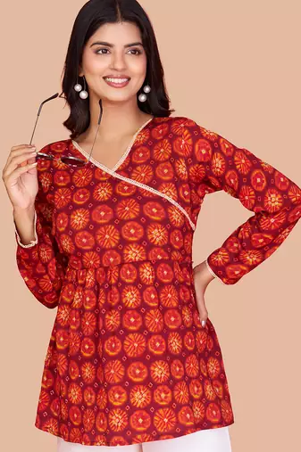 Vibrant red-orange digital printed delta silk v-neck full sleeve top for women