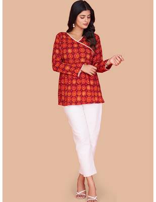 Vibrant red-orange digital printed delta silk v-neck full sleeve top for women 4
