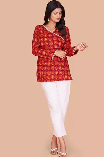 Vibrant red-orange digital printed delta silk v-neck full sleeve top for women
