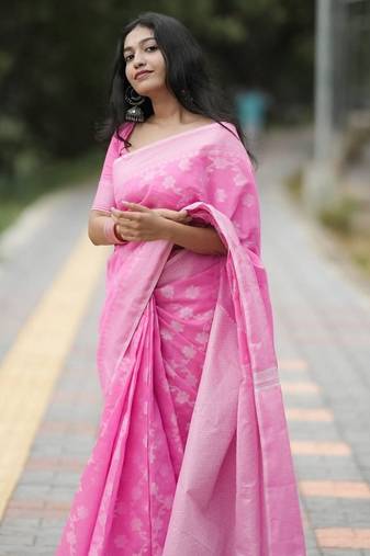 Baby pink cotton silk blend saree with blouse