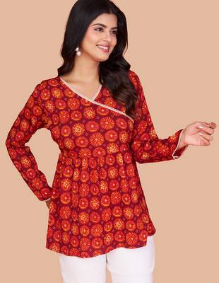 Vibrant red-orange digital printed delta silk v-neck full sleeve top for women 5