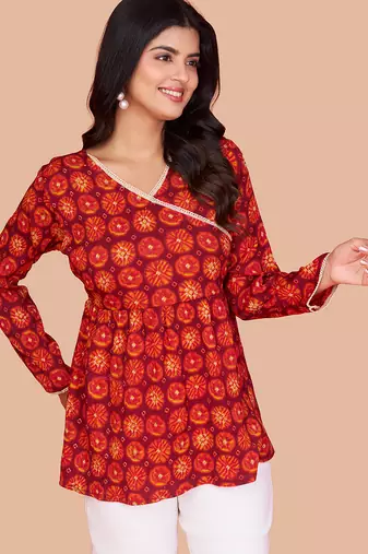 Vibrant red-orange digital printed delta silk v-neck full sleeve top for women